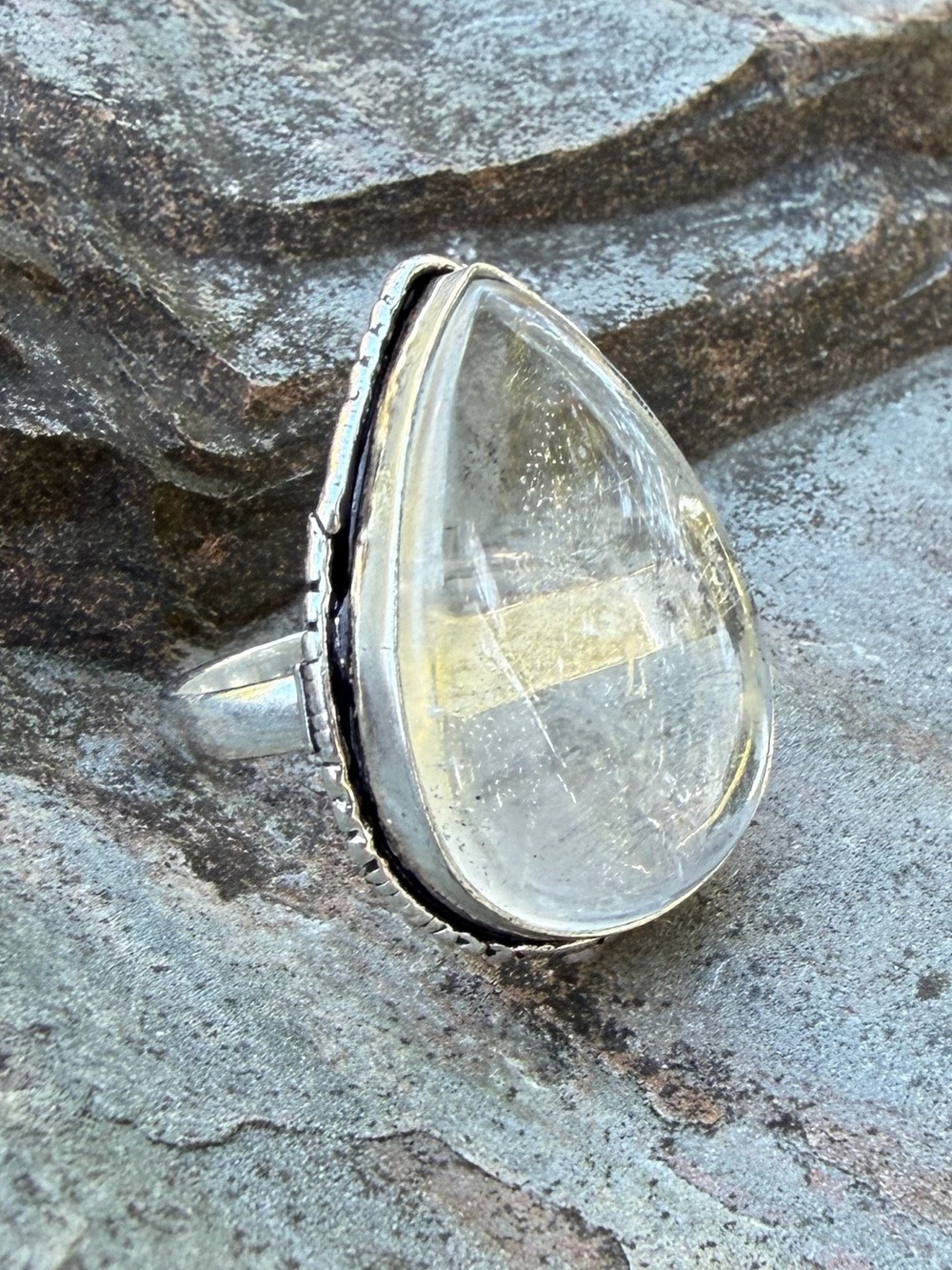 Genuine Quartz Gemstone Silver Clear Teardrop Silver Statement Ring